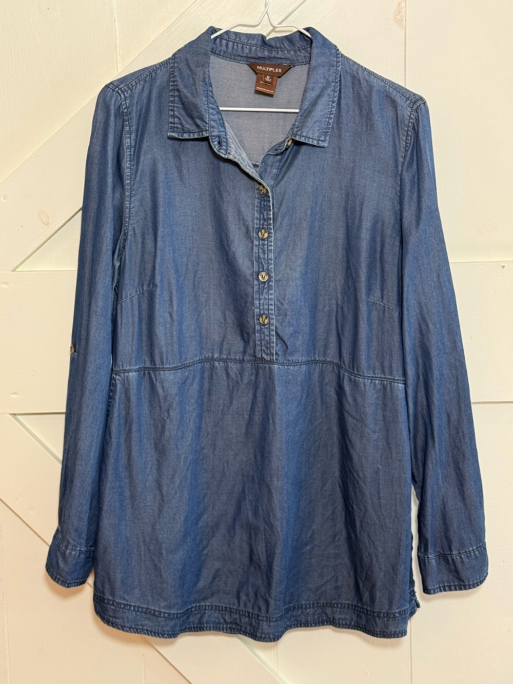 Multiples Denim Tunic Blouse Medium Blue Button Front Pockets Long Sleeve